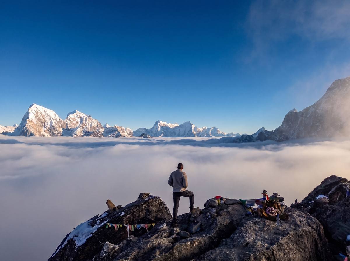 Joris on the summit of Gokyo Ri above a sea of clouds, with snow peaks on the horizon