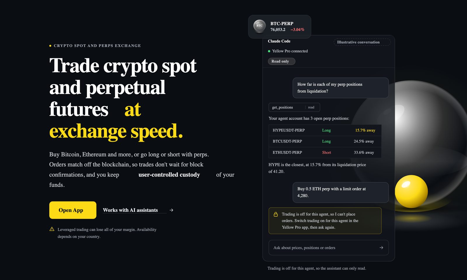 Yellow Pro landing page hero: Trade crypto spot and perpetual futures at exchange speed, with an AI assistant reading a live account